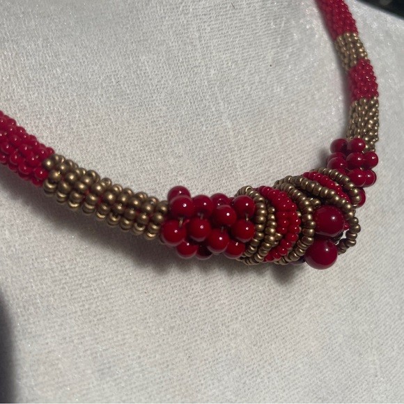 Kumihimo Japanese Beaded Choker Necklace Coral Red Gold Knot Handmade - Picture 2 of 10